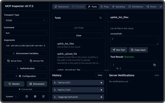 MCP Inspector showing Uplink file automation tools