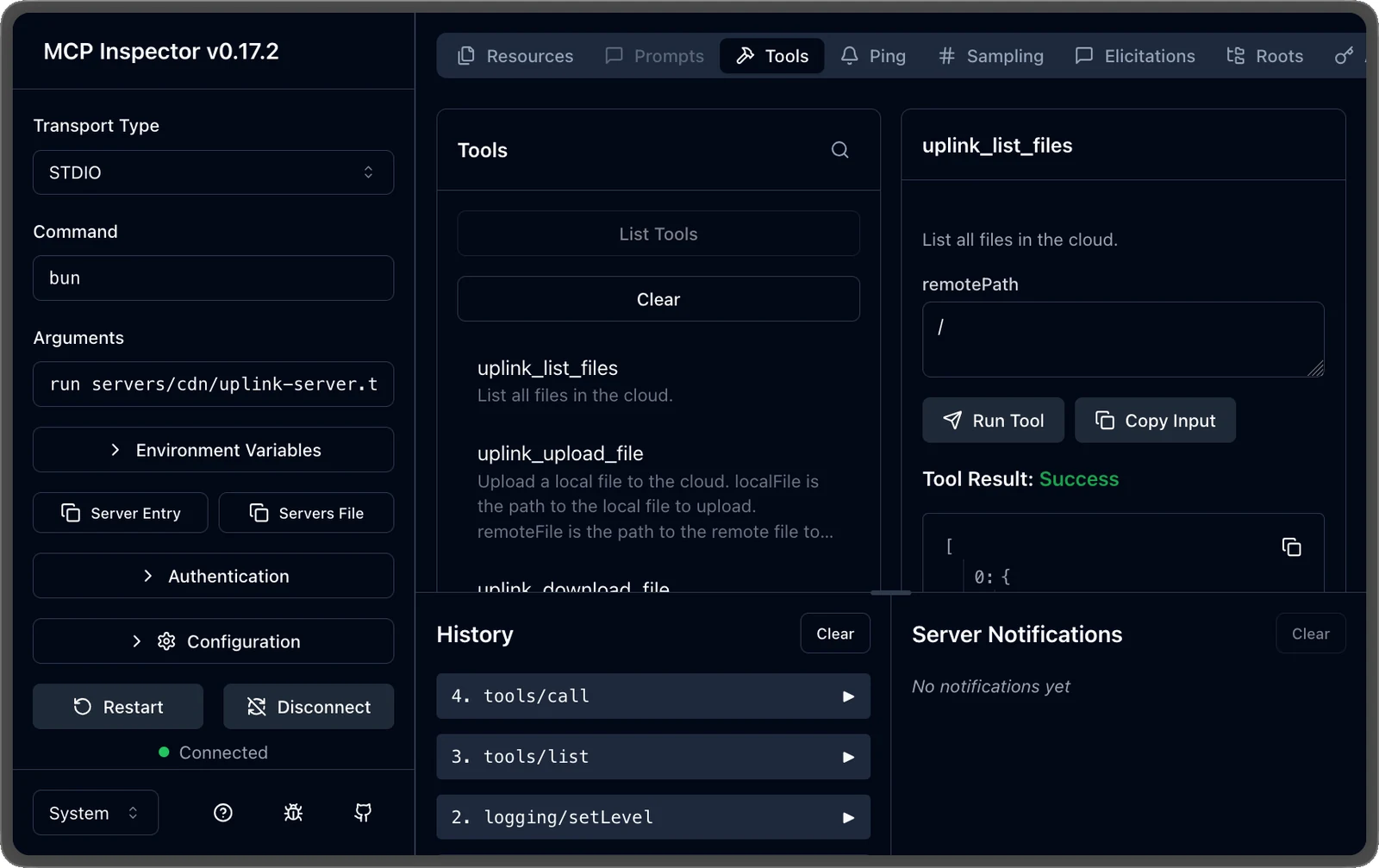 MCP Inspector showing Uplink file automation tools