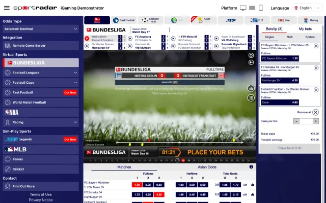 Sportradar virtual sports betting page screenshot with populated bet slip
